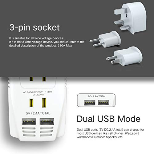 TryAce Upgraded 2000W Voltage Converter with 2 USB Ports,Set Down 220V to 110V Power Converter for Hair Dryer/Straightener/Curling Iron, Travel Transformer for UK/AU/US/EU Plug Travel Adapter - Thumbnail 5