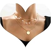 Iaceble Vintage Layered Disc Choker Necklace Tiny Pearl Chain Necklace Gold Round Disc Pendant Necklace Station Pearl Necklace Chain Jewelry for Women