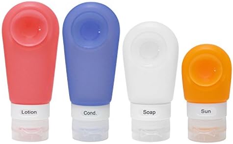 4 Pack Portable Silicone Travel Bottles Strong Suction Cup Leak Proof, with Facial Brush and Toothbrush Case Covers, FDA Certificated Pack P10