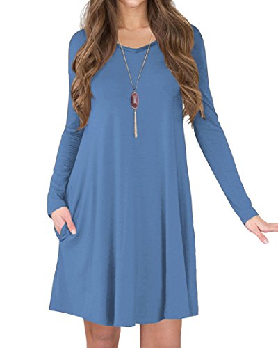 TINYHI Women's Long Sleeve V-Neck Side Pockets Casual Swing T-Shirt Dress(Gray Blue,M)