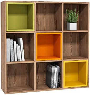 Mia Mobili Seba Square 9 Cube Storage Organizer/Bookshelf (Walnut / Green / Orange / Yellow)