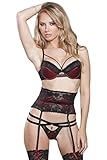 iCollection Women's Jacquard Mesh and Lace Microfiber 3 Piece Set, Red/Black, Medium