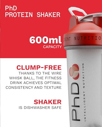 PhD Nutrition Mixball Shaker, Shaker for Protein Shakes, Wire Mixball Whisk, Red Non-Drip Screw Lid, Transparent Colour, 600 ml