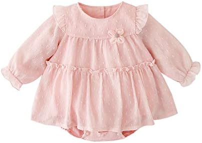 ベビー服 長袖ワンピース女の子春秋 スカート付きカバーオール洋服 赤ちゃん出産準備贈り物フリル無地通園服ピンク9ｍ