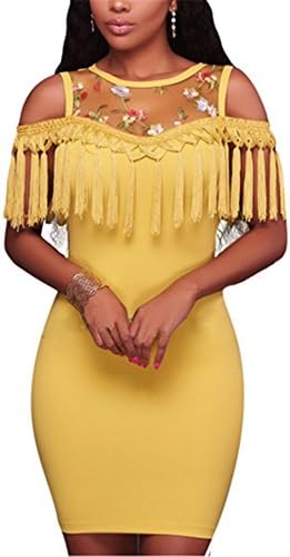 Vamvie Womens Off Shoulder Gauze Embroidered Tassel Dress Fringe Bodycon Midi Party Dress Yellow S
