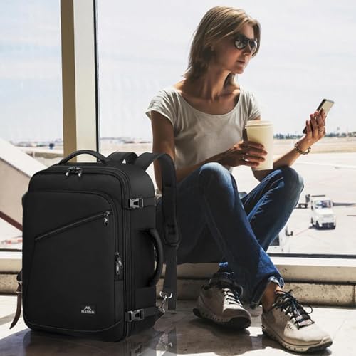 MATEIN Hand Luggage Backpack for Air Travel, black, Business | Reiserucksack Damen, Rucksack Handgepäck Flugzeug, Ryanair Rucksack Herren 40x30x20, Travel Backpack für Kurztrip, Schwarz
