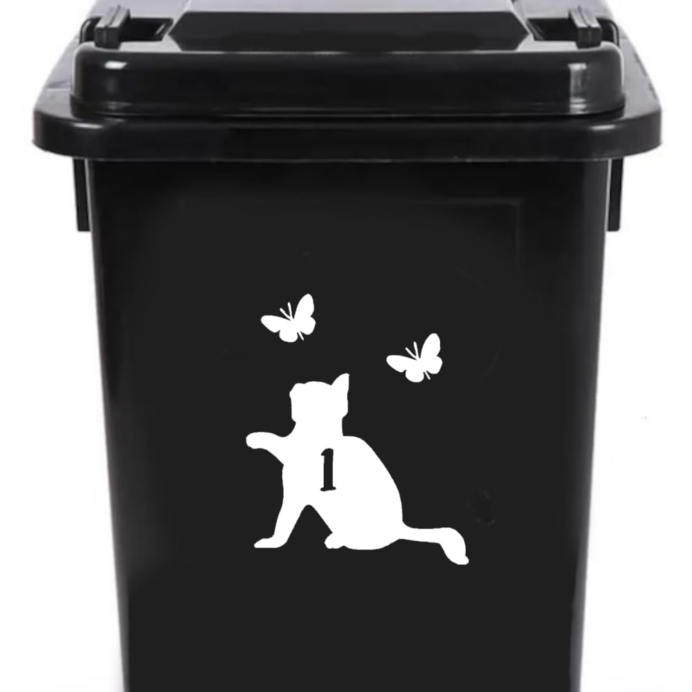 Cute Cat Chasing Butterflies Waterproof Wheelie Bin Stickers - Vinyl Material - Gifts for Cat Lovers - Bin Stickers for Wheelie Bins - Stick on Numbers - Bin Labels (1)