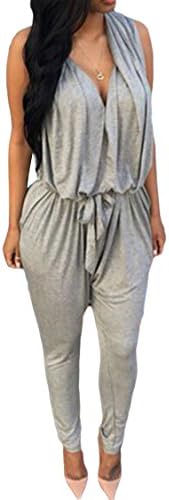 Pink Queen Women Sexy V Neck Casual Harem Pants Jumpsuits Rompers(Grey,XL)