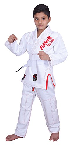 Hawk Kids Brazilian Jiu Jitsu Suit Youth Children BJJ GI Kimonos Boys & Girls BJJ Uniform Lightweight Preshrunk Pearl Weave Fabric, with Free White Belt, 1 Year Warranty!!! (K3, Boys White)