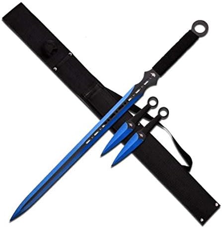 NINJA Sword with Carbon Sharp Blade Durable SET Fantasy Black Blue Blade Double Edge + 2 Kunai Throwing Knives