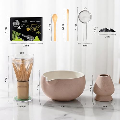 Kit de Té Matcha Tradicional, Juego de Té Matcha 8 Piezas – Tazón de Cerámica Artesanal, Batidor de Bambú, Soporte y Cuchara Kit Completo para Ceremonia de Té Japonesa en Casa (gris)