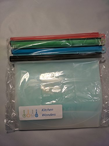 Kitchen Wonders4-PACK Reusable Silicone Food Bags| Stasher| Preservation of Fruit, Vegetables, Meats Etc. Storage Container| Airtight Seal Lunch & Snack Bags| Freeze & Heat Safe w/Dish Brush