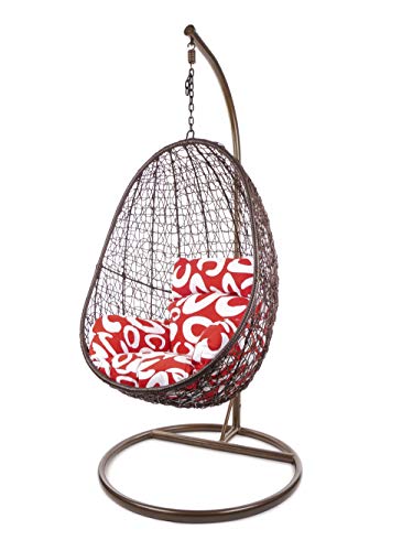 Kideo® Hängesessel inkl. Gestell + Kissen, Lounge-Möbel, Polyrattan, Swing Chair, Rattanmöbel, Lounge (braun/rot-weiß) – Bild 3