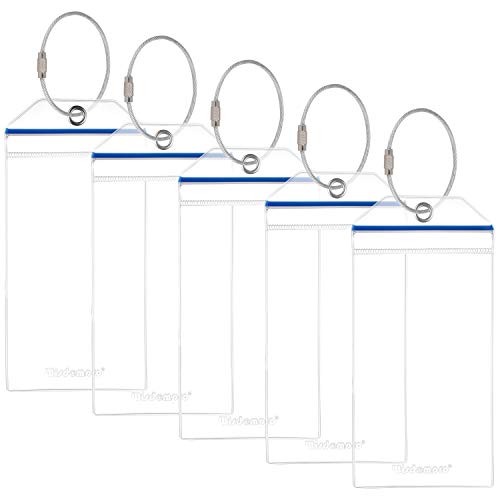 Cruise Luggage Tag Holders, Wisdompro 5-Pack Clear Waterproof PVC Pouch with Zipper & Steel Loops for Cruise Trip (Blue Zip)