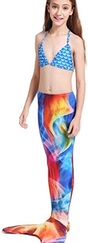 MYLEMERMAID Lycra Kids Size Swimwear with Monofin Mermaid Tails for Swimming (M(US SIZE8), Blaze)