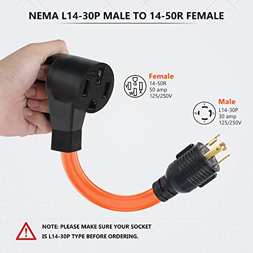 boeemi RV Generator Adapter 50 Amp to 30 Amp,4 Prong Cord L1430P Male