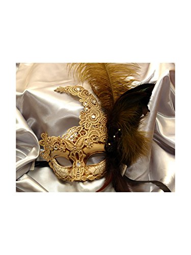 Gold Lace Venetian Mask with Peacock Feathers