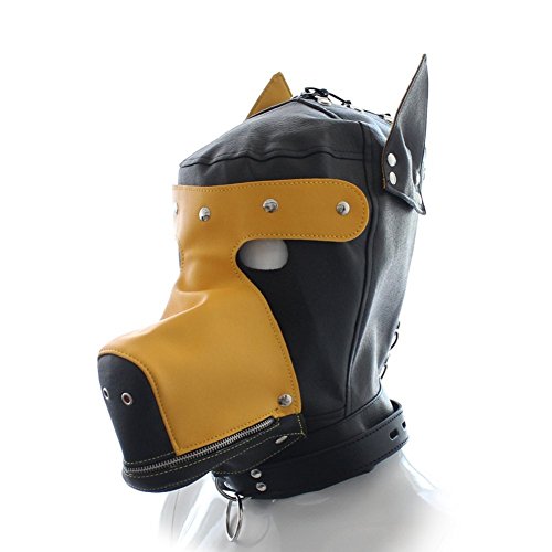 FeiGu Yellow Leather Bondage Gimp Mask Zipper Mouth Dog Puppy Head Hood Sex Toys for Adults T20