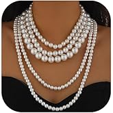 MOEEIJEW Long Pearl Necklace for Women Chunky Pearl Strand Choker Layered Choker Bridal Wedding Party Vintage Jewelry