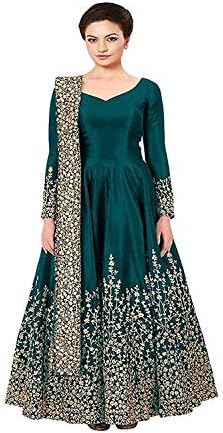 Omkar Fab Women's Taffeta Silk Anarkali Embroidered Gown (GREEN)