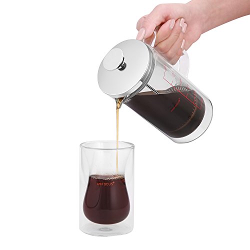 French Press Coffee Tea Maker with 2 Espresso Cups | Double Wall | Stainless Steel Plunger,350ml/10oz by AMFOCUS