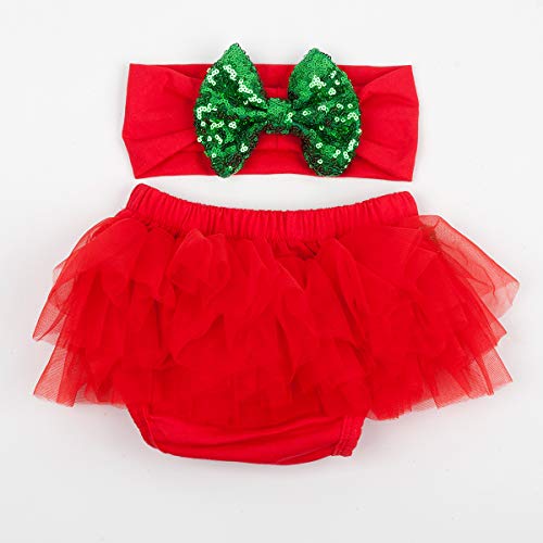 Slowera Baby Girls 2PCS Sets Cotton Tulle Sequins Diaper Cover Bloomers and Headband (Red Green, S: 0-6 Months)