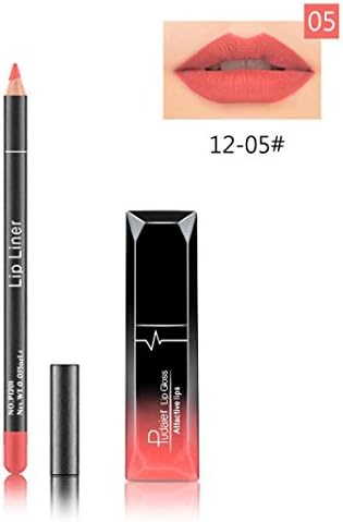 LTUI pudaier Long Lasting Moisturizing Waterproof Matte Lipstick Lip Liquid Gloss+Lip Liner Pencil Daily Nude,Party Sexy Red Colour Cosmetics Set,Creative Full Lips (E)