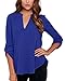 Face N Face Women's Summer V Neck Solid Loose Casual Cuffed Long Sleeve Blouses X-Large Blue