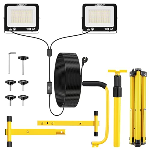 AUTOUTLET Construction Site Spotlight with Extendable Tripod, 2x 100W 19000LM Rechargeable LED Headlight with 3 Colour Temperatures and 5 M Power Cable, IP66 Waterproof, for Garage Workshop and Outdoor