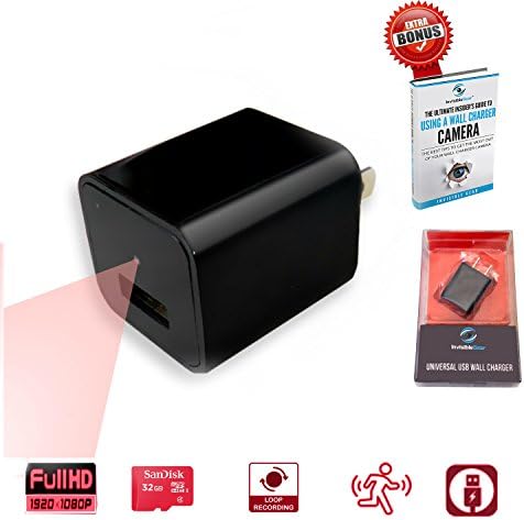 Invisible Gear Wall Charger Hidden Camera Built-In 32GB Memory 1080P with Motion Detection + FREE eBook Nanny Spy Camera Charger with Discreet Packaging