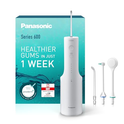 Panasonic Series 600 Ultraschall-Munddusche EW-DJ67-W303, Zahndusche, Munddusche kabellos, 200 ml, IPX7, 2 Ultraschalldüsen, 1 kieferorthopädische & 1