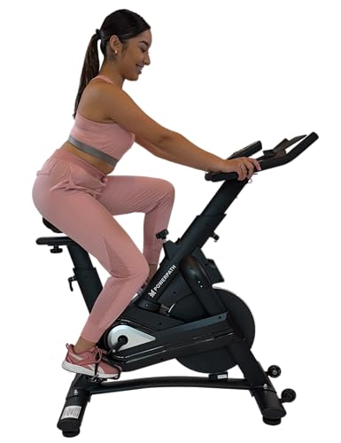 PowerPath - Bicicleta Estática para Spinning/Ejercicio en Casa, Disco de 13 kg, Bluetooth para APPs, Magnética, Robusta, Silenciosa con Monitor Electrónico, RPM - Bici Fija para Gym en Casa, Color Negro, Ajustable, 150 kg