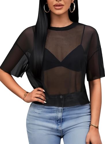 YOOJOO Women's Short Sleeve Mesh Sheer Crop Tops Tee Blouse