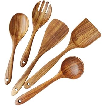 Wooden Utensils Set for Kitchen, ADLORYEA Wood Cooking Spoons Tools for Nonstick Cookware, 100% Handmade by Natural Teak Wood Without Any Painting