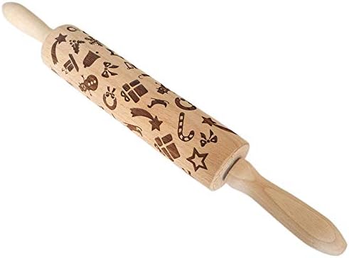 Crewell Christmas Rolling Pin Engraved Carved Wood Embossed Rolling Pin Kitchen Tool
