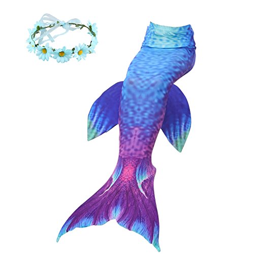 Familycrazy Mermaid with Tail Swimsuit Wet/Dry Outfit with Flower Headband (140cm(8-10Y), Blue+Purple)
