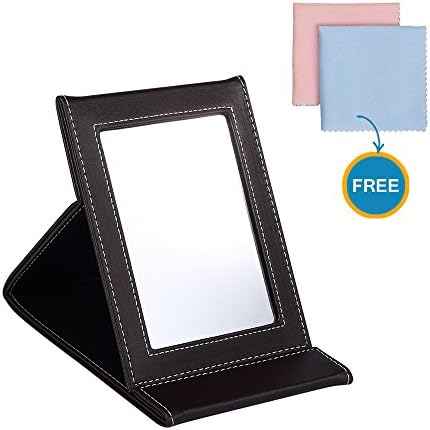 PU leather vanity mirror,Prosper Prospects Makeup Mirror Folding Tabletop Mirror Portable Travel Mirror with Adjustable Stand for Personal Use, Camping, Travelling, Emergency Signaling(Brown)