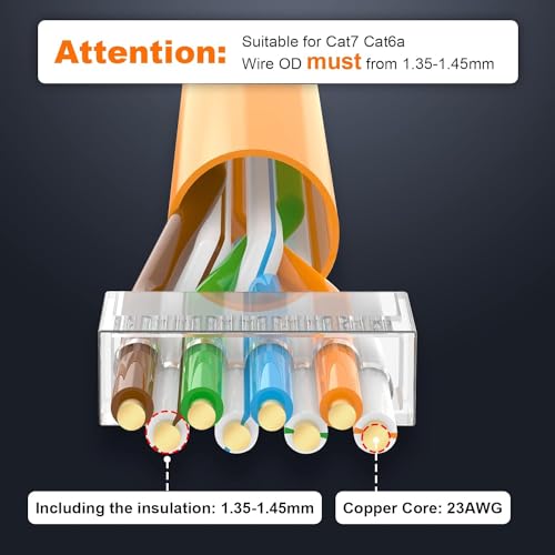 VCELINK CAT6A Connector, RJ45 Connectors Pass Through CAT6A CAT7 Shielded, UL-Listed 3-Prong Gold Plated, CAT7 Connector with Strain Relief Boots (RJ45 Connector-Transparent, Orange, 30-Pack)
