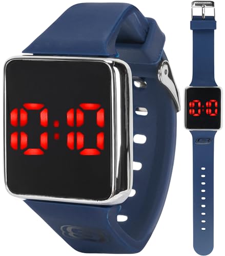 Skechers Boys LED Touch Screen Watch with Silicone Strap, Silver Alloy Buckle, and Red Number Display – Stylish and Durable Blue Strap Digital Watch for Kids, Lightweight Design, Perfect for Everyday Wear