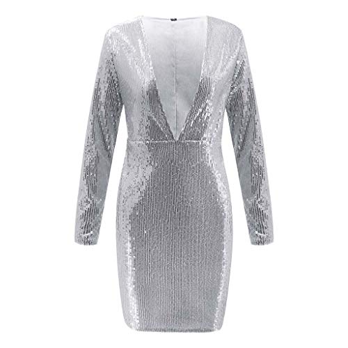 Keliay Bargain Women Deep V Sequins Wrap Ruched Long Sleeve Nightclub Mini Dress