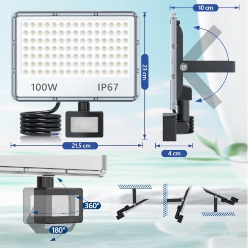 TASINUO Outdoor LED Spotlights with Motion Sensor 100 W 10000 LM 2 Pieces | 6500K Cool White LED Lamp, IP67 Waterproof Light with Motion Sensor, Outdoor Light for Garden, Terrace, Garage, Entrance