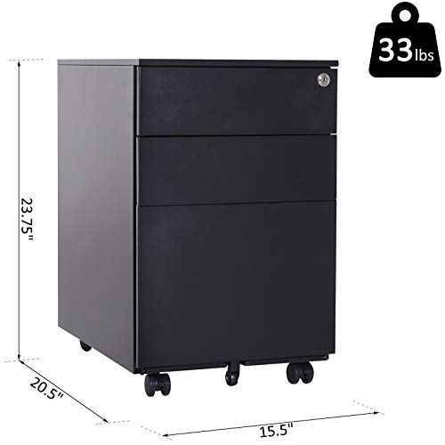 Vinsetto 24" Metal 3 Drawer Locking Under Desk Filing Cabinet On Wheels - Black