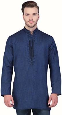 Shatranj Men's Indian Mid-Length Kurta Tunic Fine Embriodered Banded Collar Shirt
