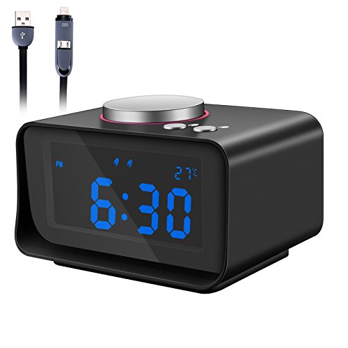 Alarm Clock Radio, Fywonder Digital Alarm Clock, Dual USB Charging Port, Indoor Thermometer, AUX-in Speaker, Brightness Dimmer Night Light, Snooze and Dual Alarm for Office, Travel, Hotel, Bedroom
