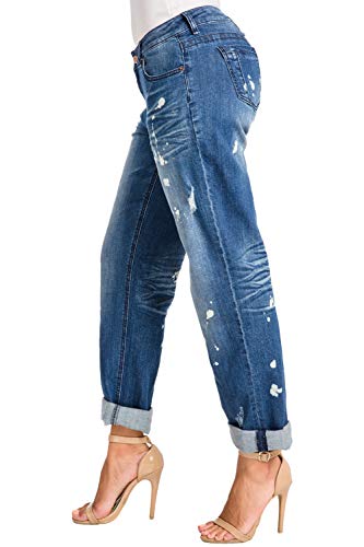 Poetic Justice Women's Curvy Fit Blue Denim Bleach Spots Rolled Cuff  Boyfriend Jeans Size 27 x 32Length