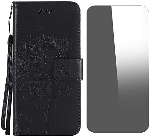 iPod Touch 5th / 6th Generation Case, Conber Shockproof Leather Wallet Flip Case Cover + (Free Screen Protector), Vintage Emboss Tree and Cat Case for Apple iPod Touch 5th / 6th Generation - Black