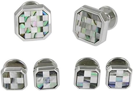 Baade Mother of Pearl and Abalone Checkered Shirt Stud Cufflinks Set