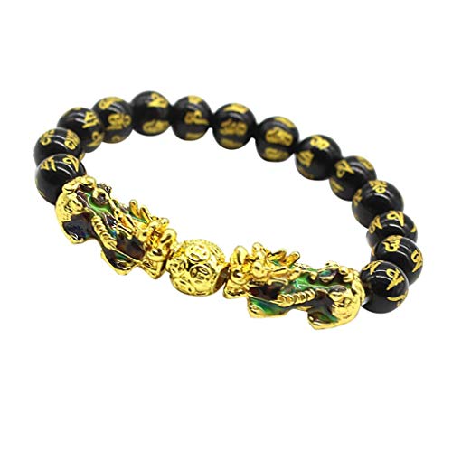 Pi Xiu Bracelet,Haluoo Lucky Black Natural Stone Beaded Bracelet With Gold Pi Xiu/Pi Yao Charms Attach Wealth And Good Luck Healing Color Changing Brave Troops Bracelet For Men (Multicolor)