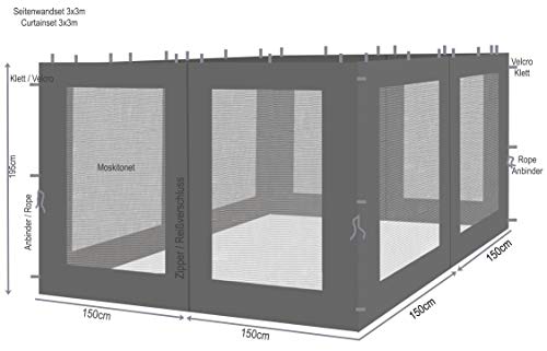 QUICK STAR 4 Seitenteile mit Moskitonetz für Rank Pavillon 3x3m Seitenwand Anthrazit RAL 7012 – Bild 3