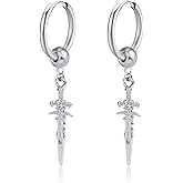 Retro Punk Sword Dangle Drop Cuff Huggie Small Hoop Earrings for Men Women Cartilage Kpop Hypoallergenic Stainless Steel Piercing Hanging Drop Cool Hip Hop Fashion Personalized Best Friends Birthday